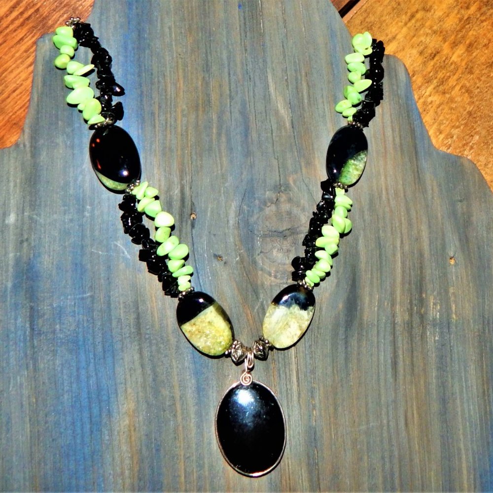 Stunning Artisan Black & Chartreuse Necklace